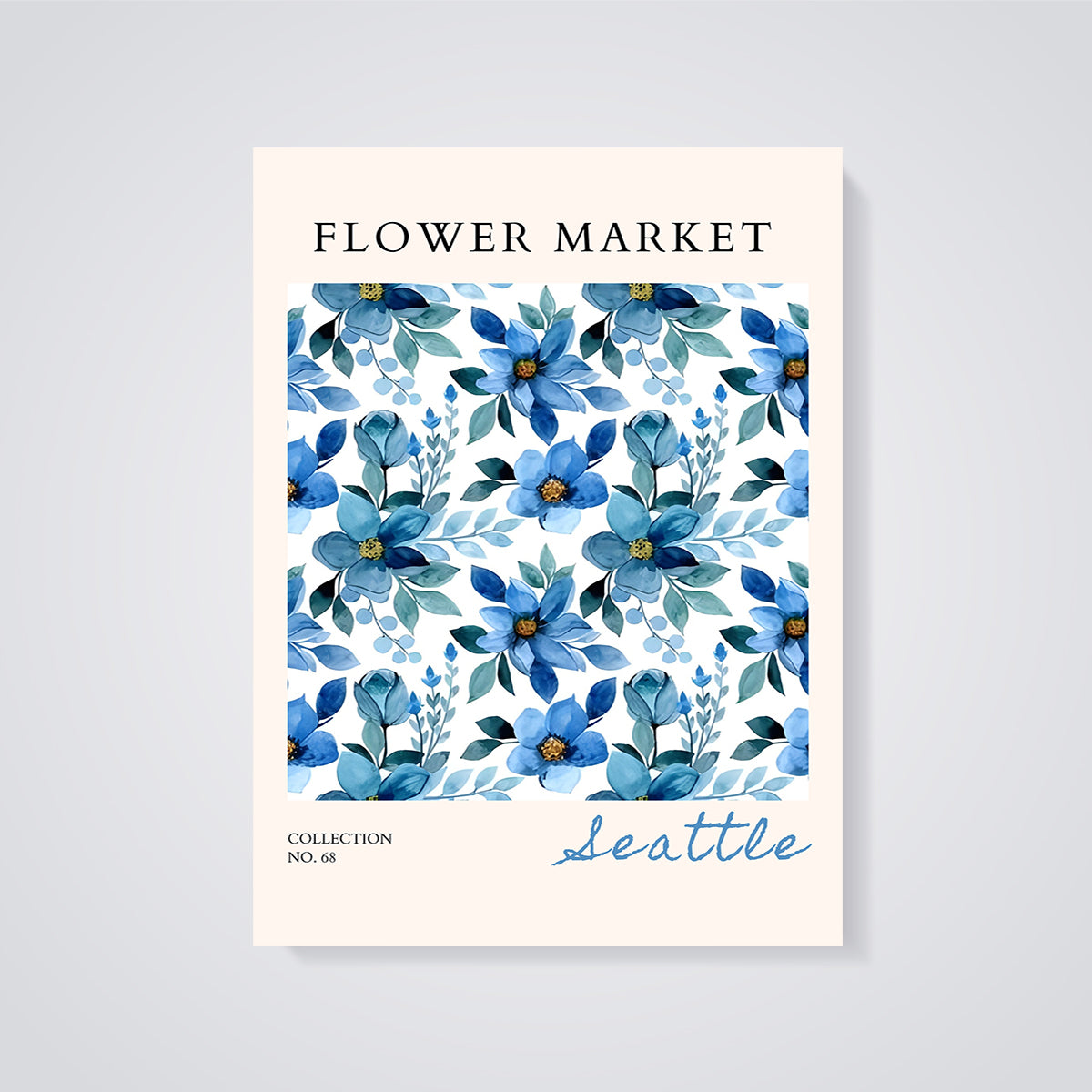 Seattle Blue Flower Market Print unframed on a grey background