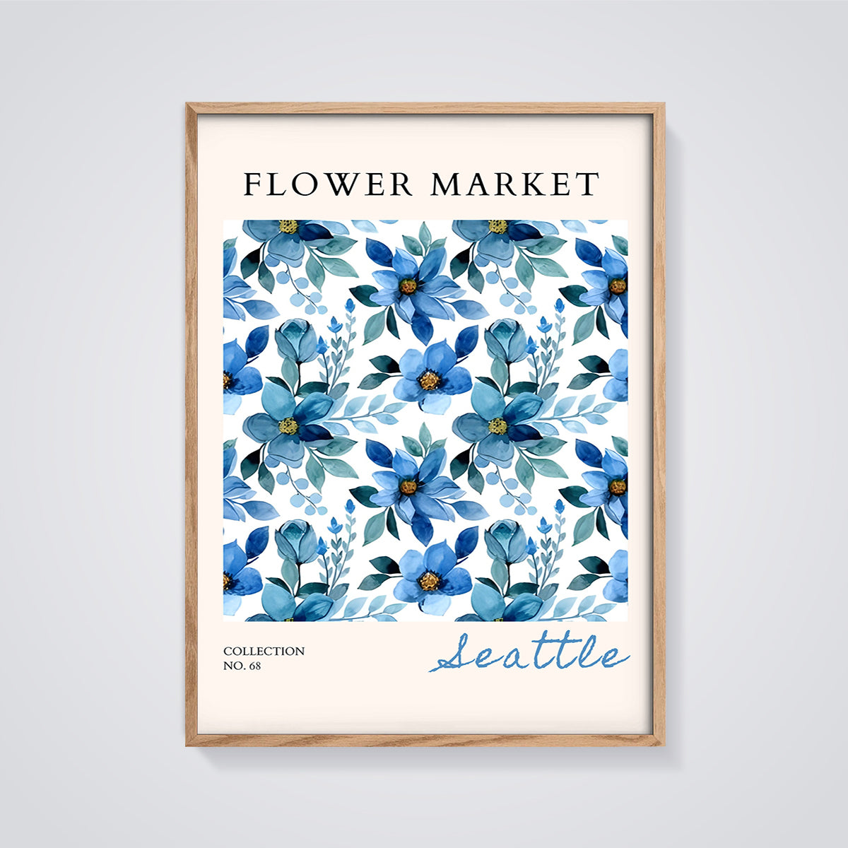 Seattle Blue Flower Market Print framed in oak on a grey background