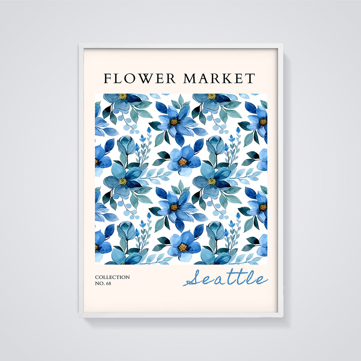Seattle Blue Flower Market Print framed in white on a grey background