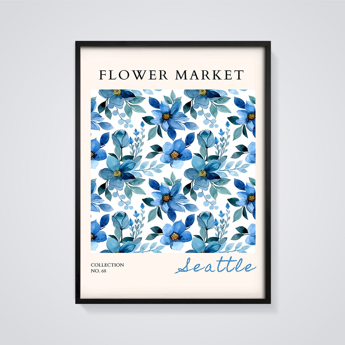 Seattle Blue Flower Market Print framed in black on a grey background