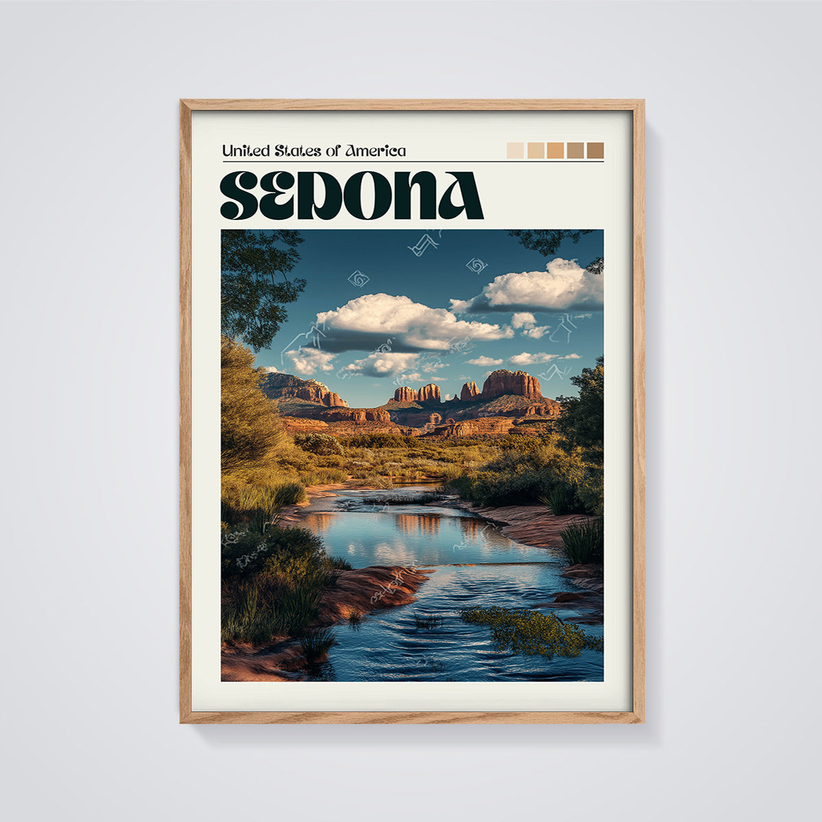 Sedona Red Rock River Print framed in oak on a grey background