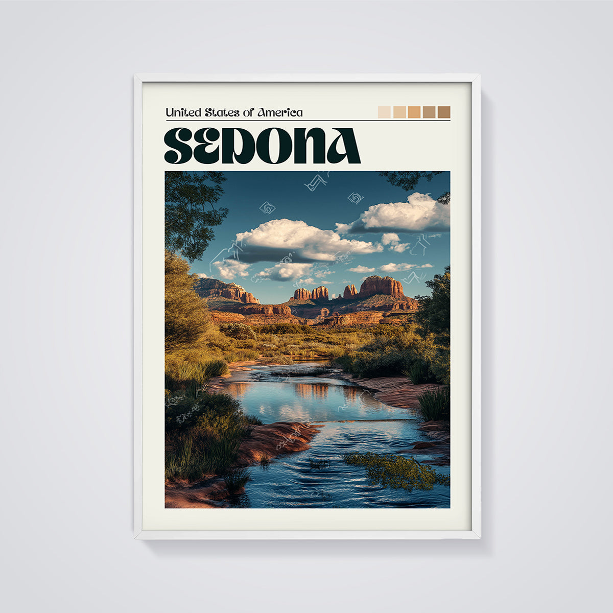 Sedona Red Rock River Print framed in white on a grey background