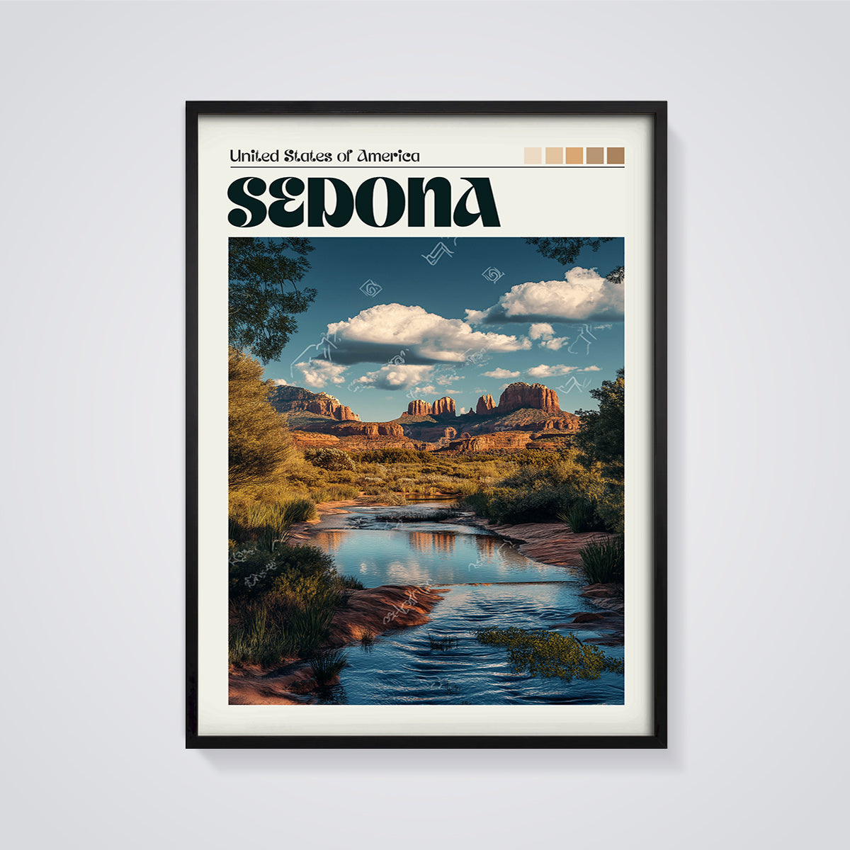 Sedona Red Rock River Print framed in black on a grey background