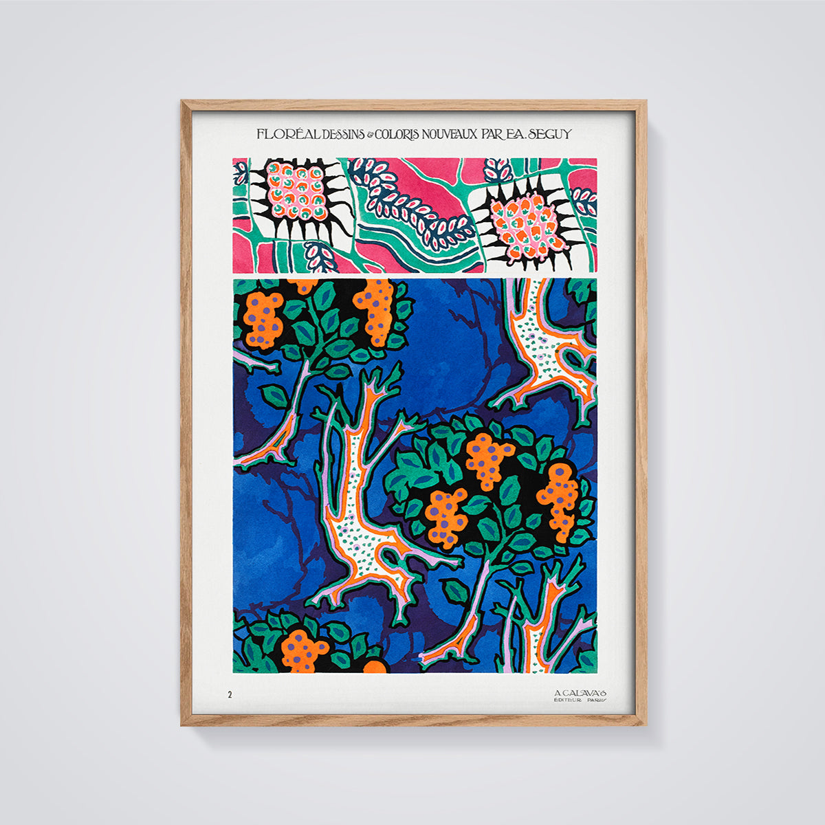 Seguy Floréal Stylized Trees Print framed in oak on a grey background