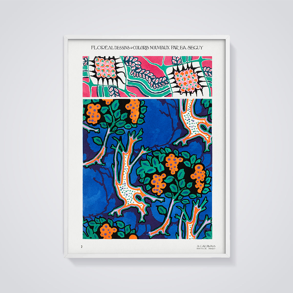 Seguy Floréal Stylized Trees Print framed in white on a grey background