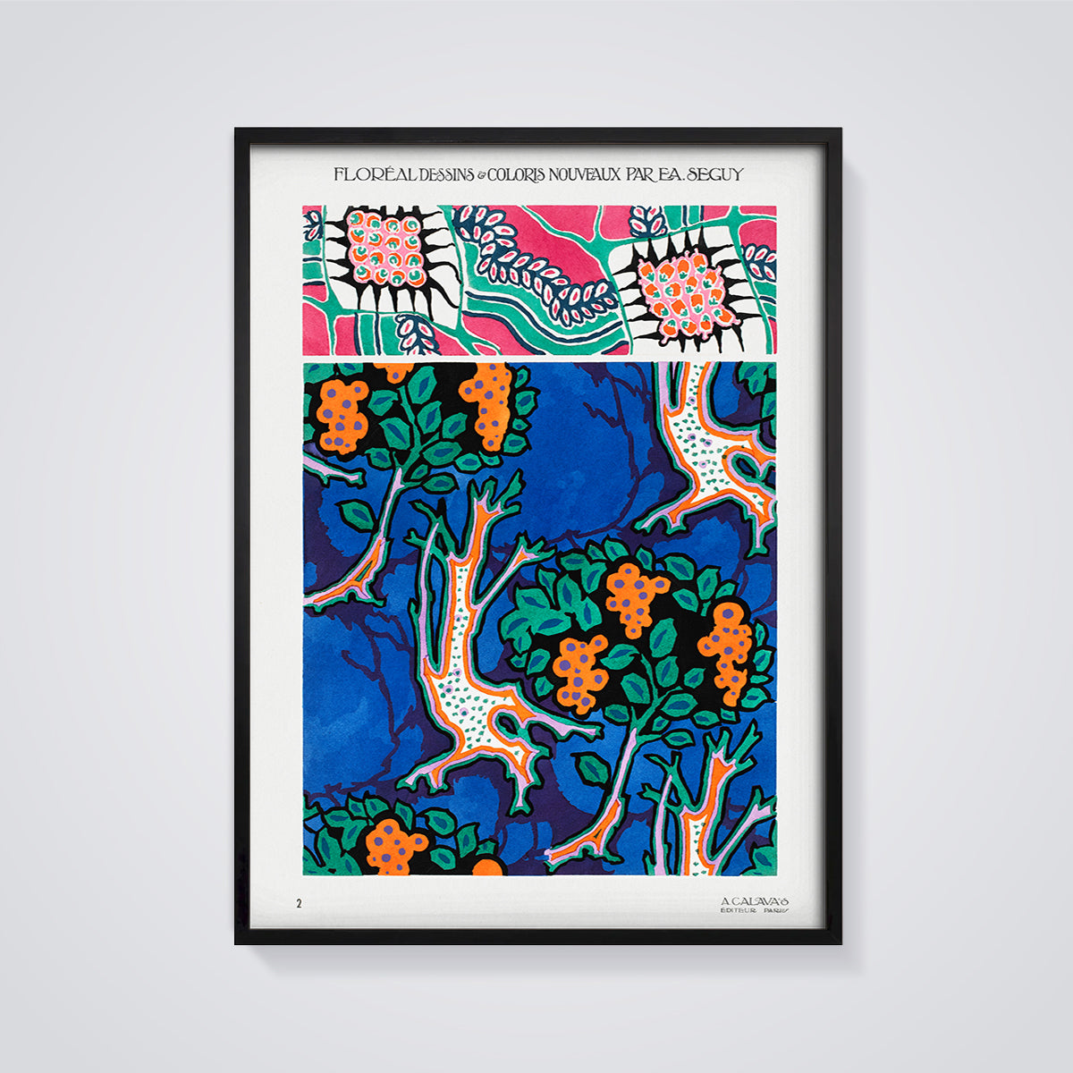 Seguy Floréal Stylized Trees Print framed in black on a grey background