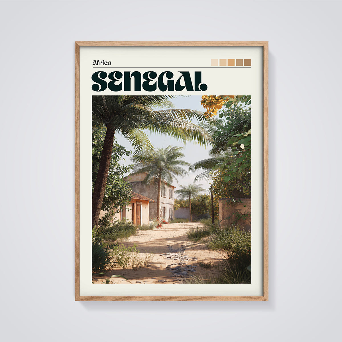 Senegal Palm Path Print framed in oak on a grey background