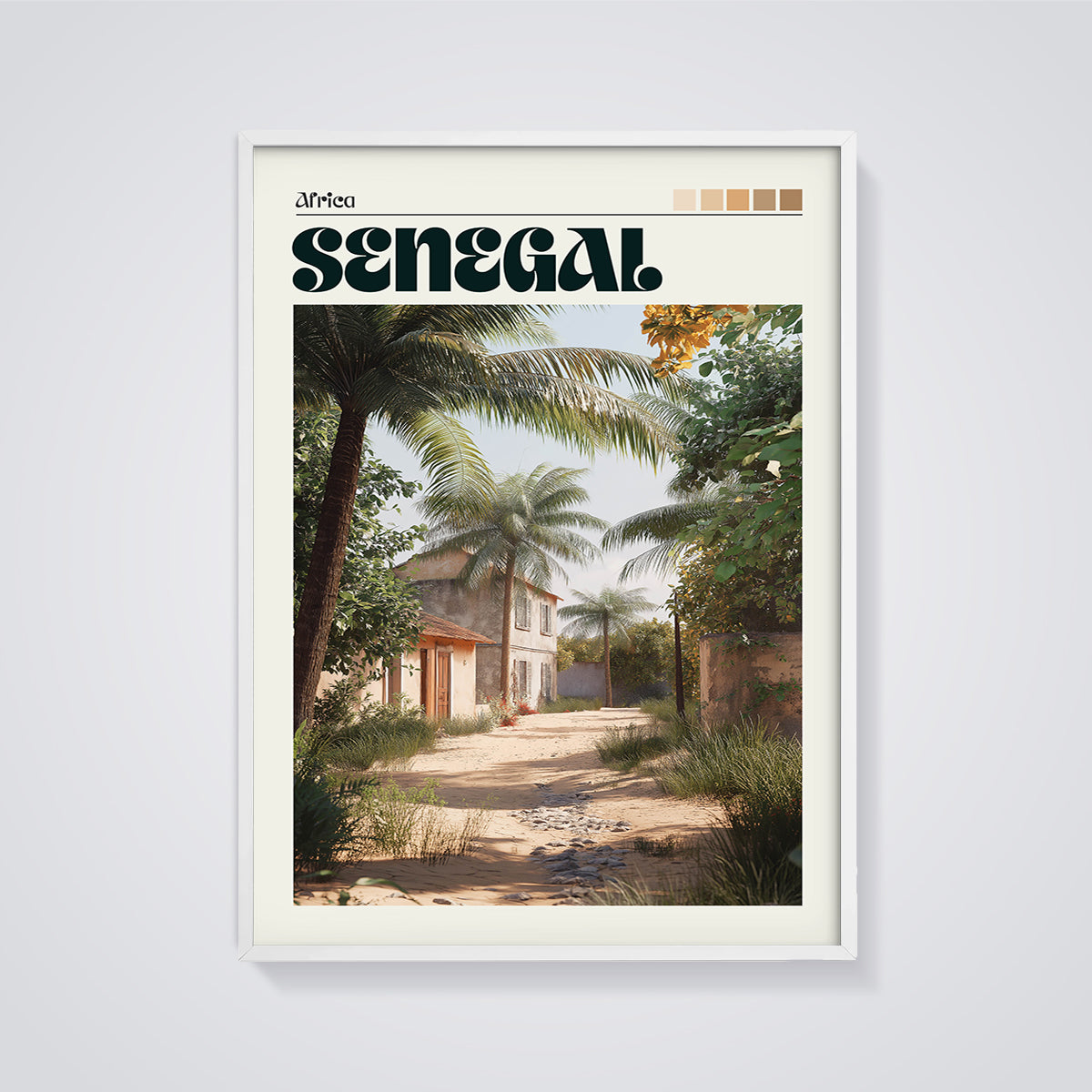 Senegal Palm Path Print framed in white on a grey background