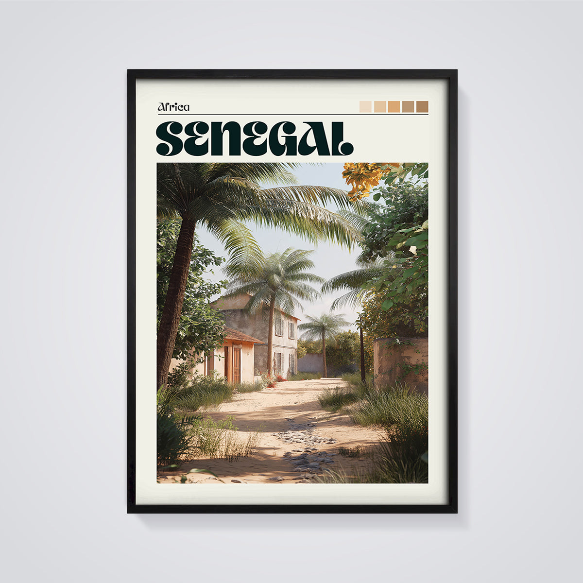 Senegal Palm Path Print framed in black on a grey background