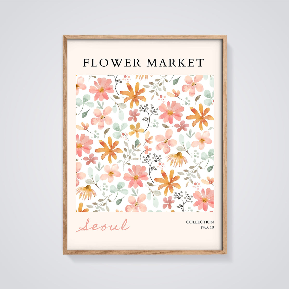 Seoul Flower Market Print framed in oak on a grey background