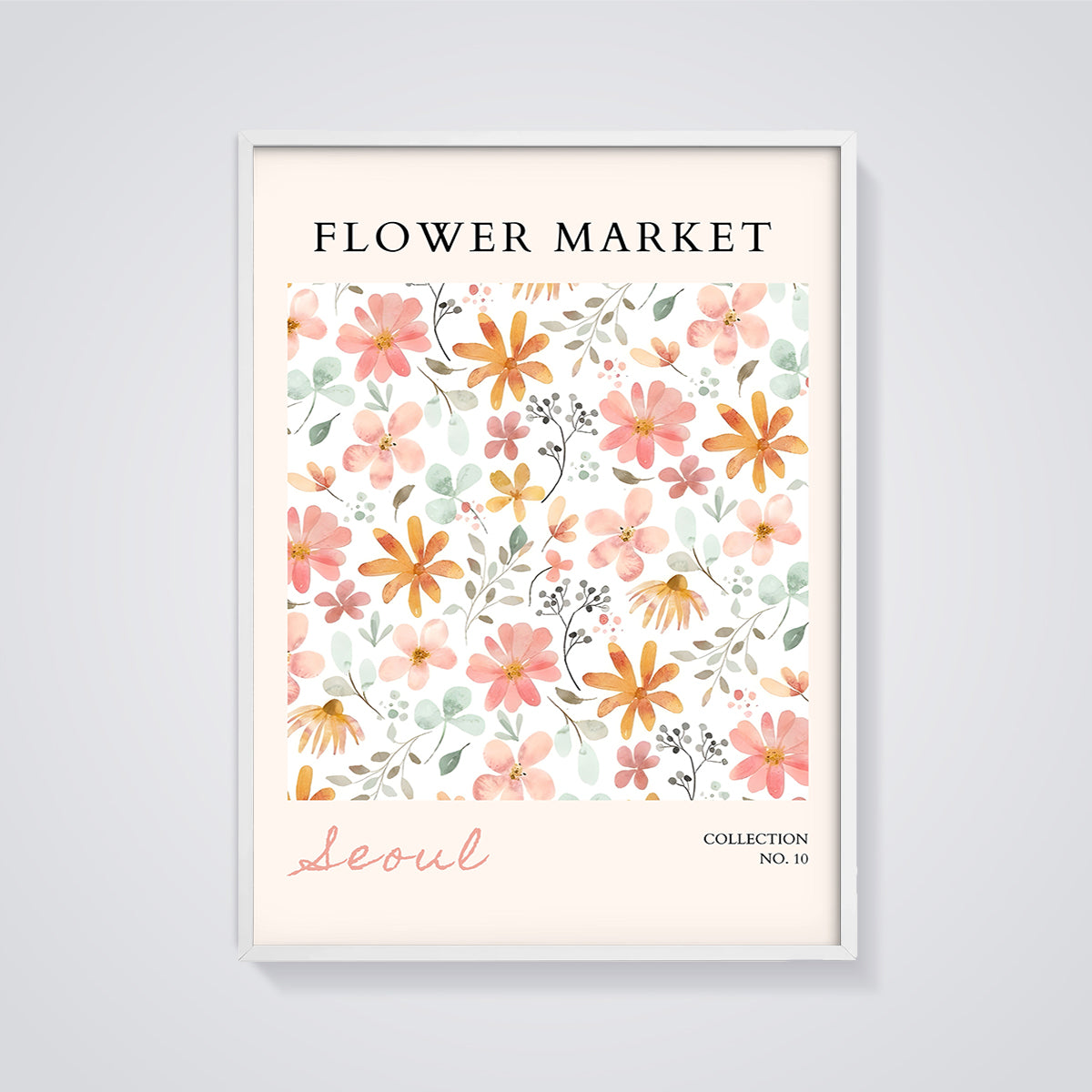Seoul Flower Market Print framed in white on a grey background