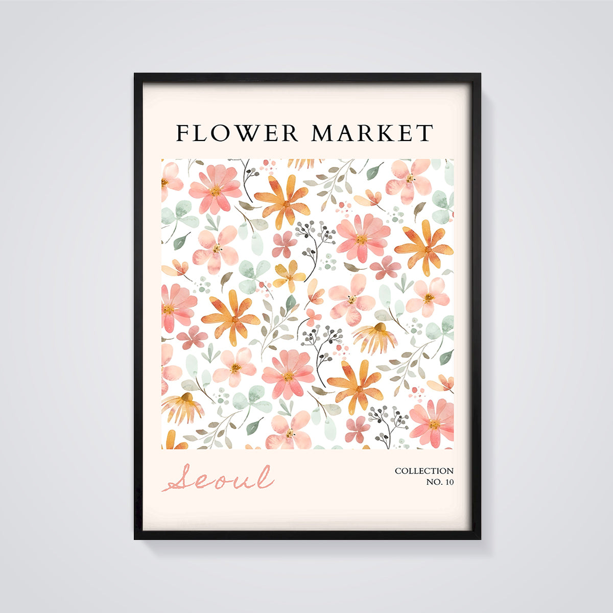 Seoul Flower Market Print framed in black on a grey background