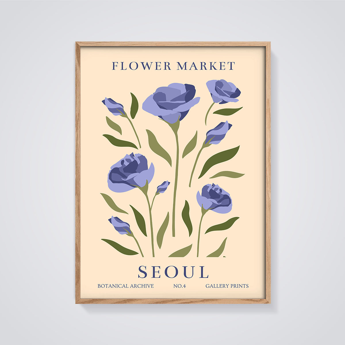Seoul Flower Market Purple Bloom Print framed in oak on a grey background