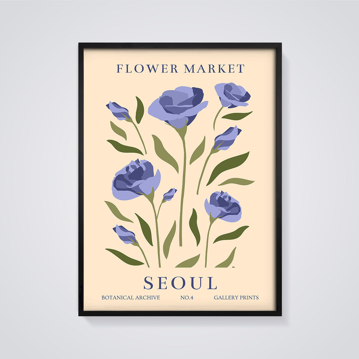Seoul Flower Market Purple Bloom Print framed in black on a grey background