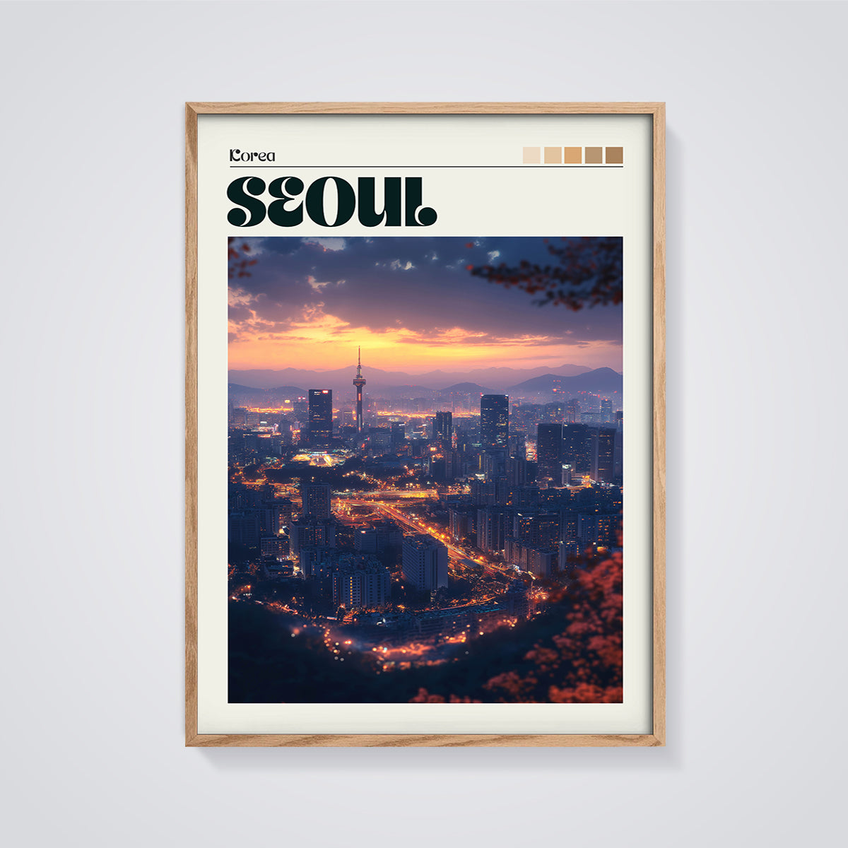 Seoul Sunset Cityscape Print framed in oak on a grey background