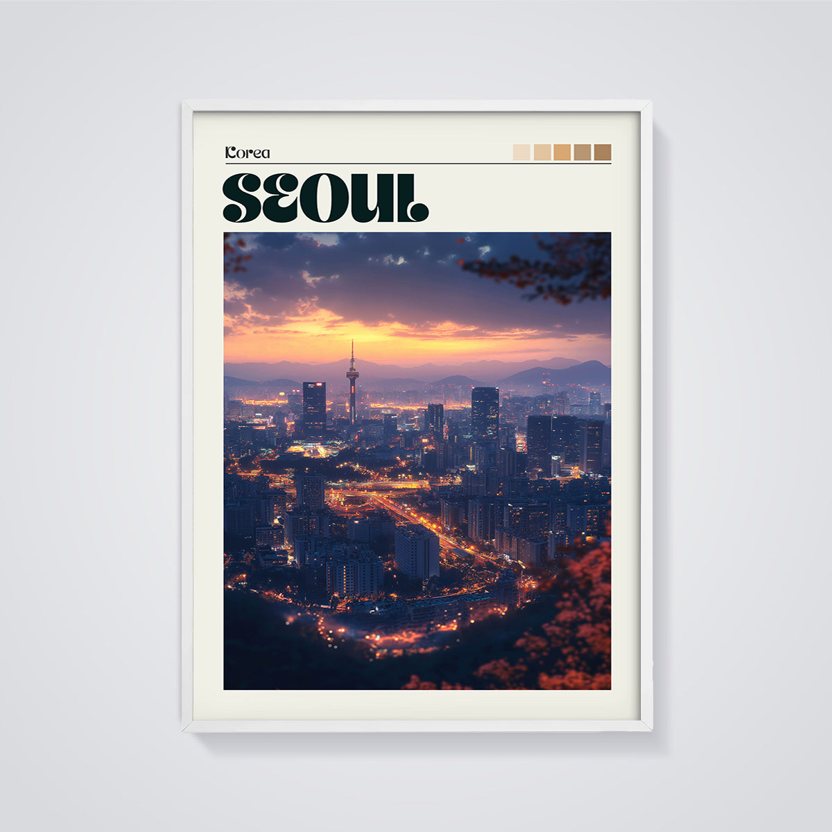 Seoul Sunset Cityscape Print framed in white on a grey background