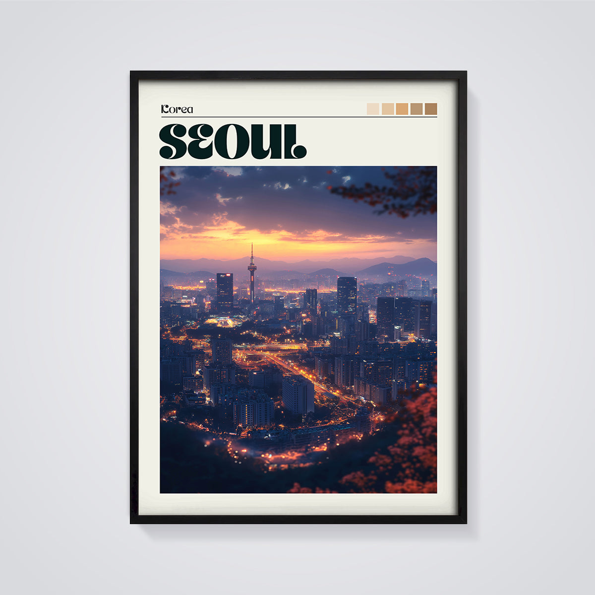 Seoul Sunset Cityscape Print framed in black on a grey background