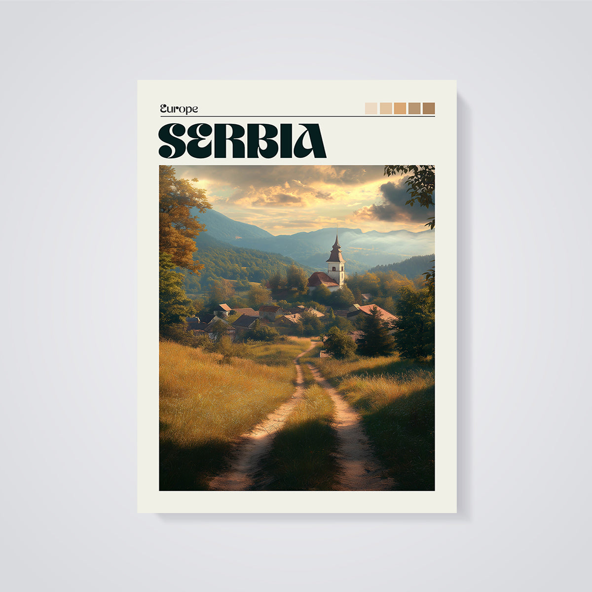 Serbia Village Church Print unframed on a grey background