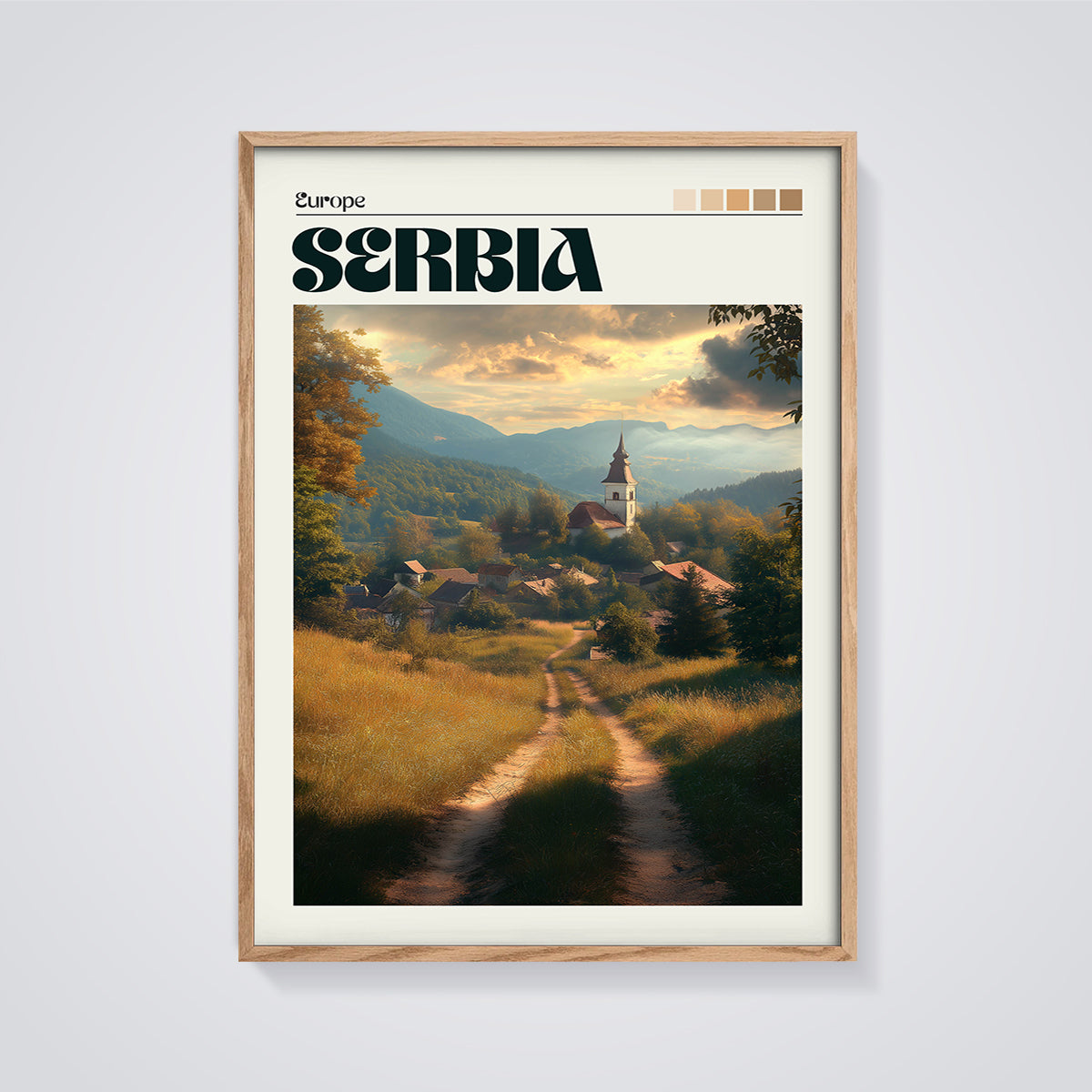 Serbia Village Church Print framed in oak on a grey background