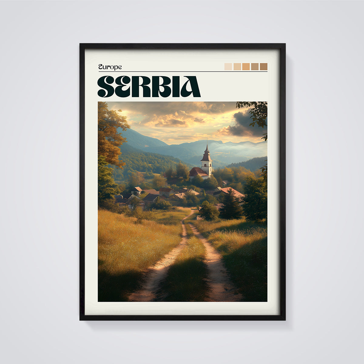 Serbia Village Church Print framed in black on a grey background