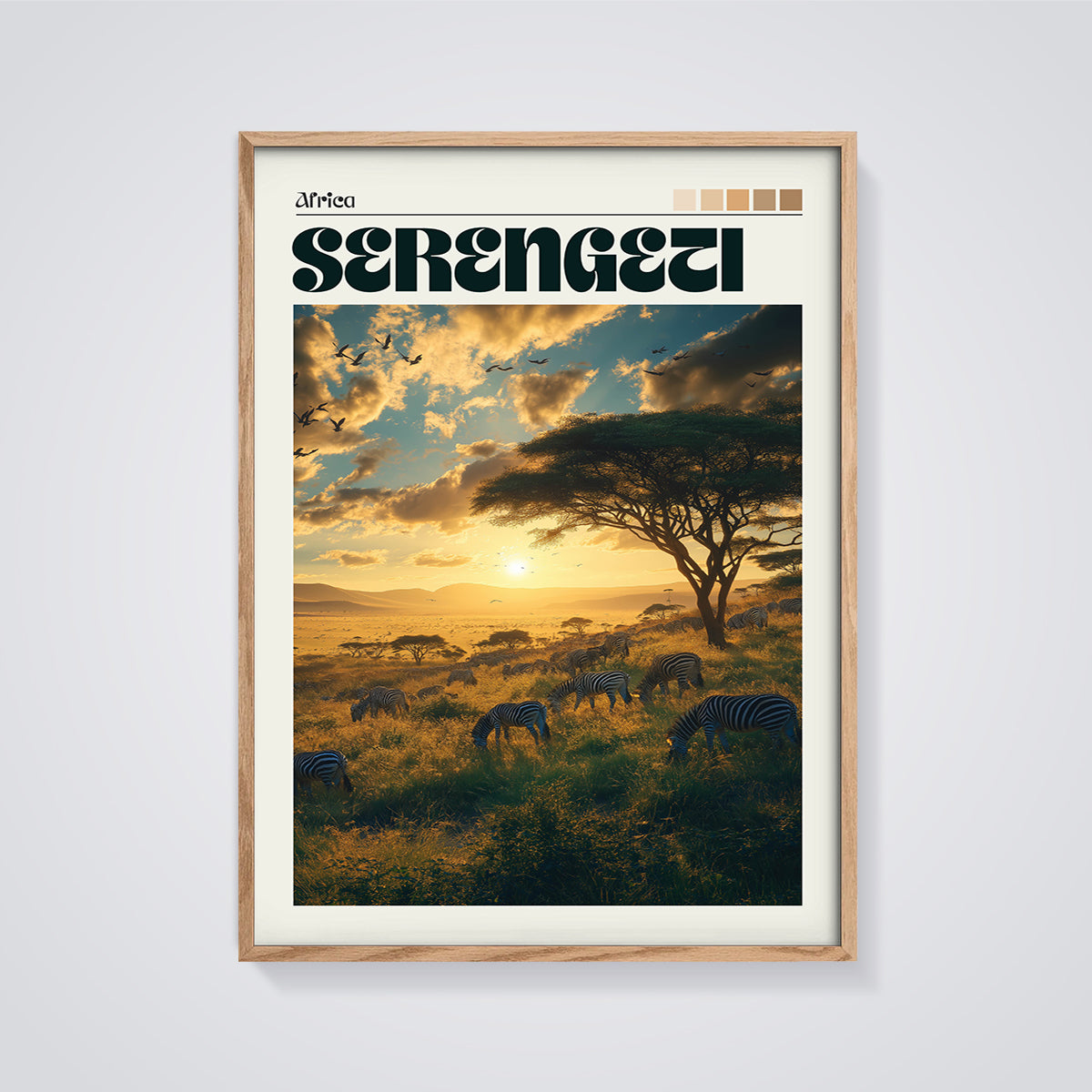 Serengeti Zebras Sunset Print framed in oak on a grey background