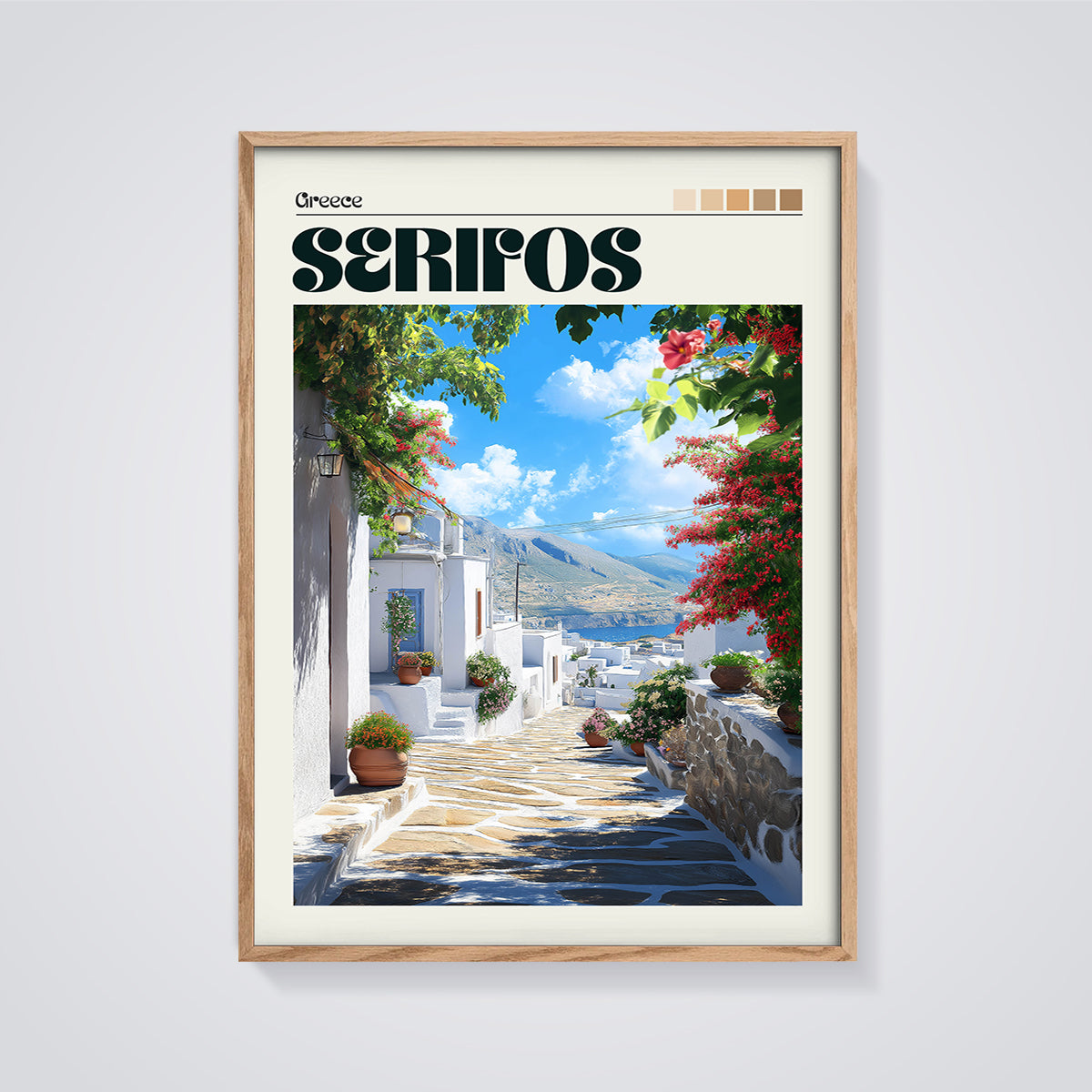Serifos Greek Village Street Print framed in oak on a grey background