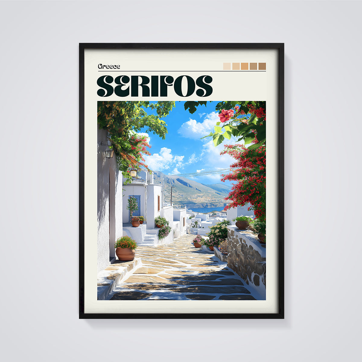 Serifos Greek Village Street Print framed in black on a grey background