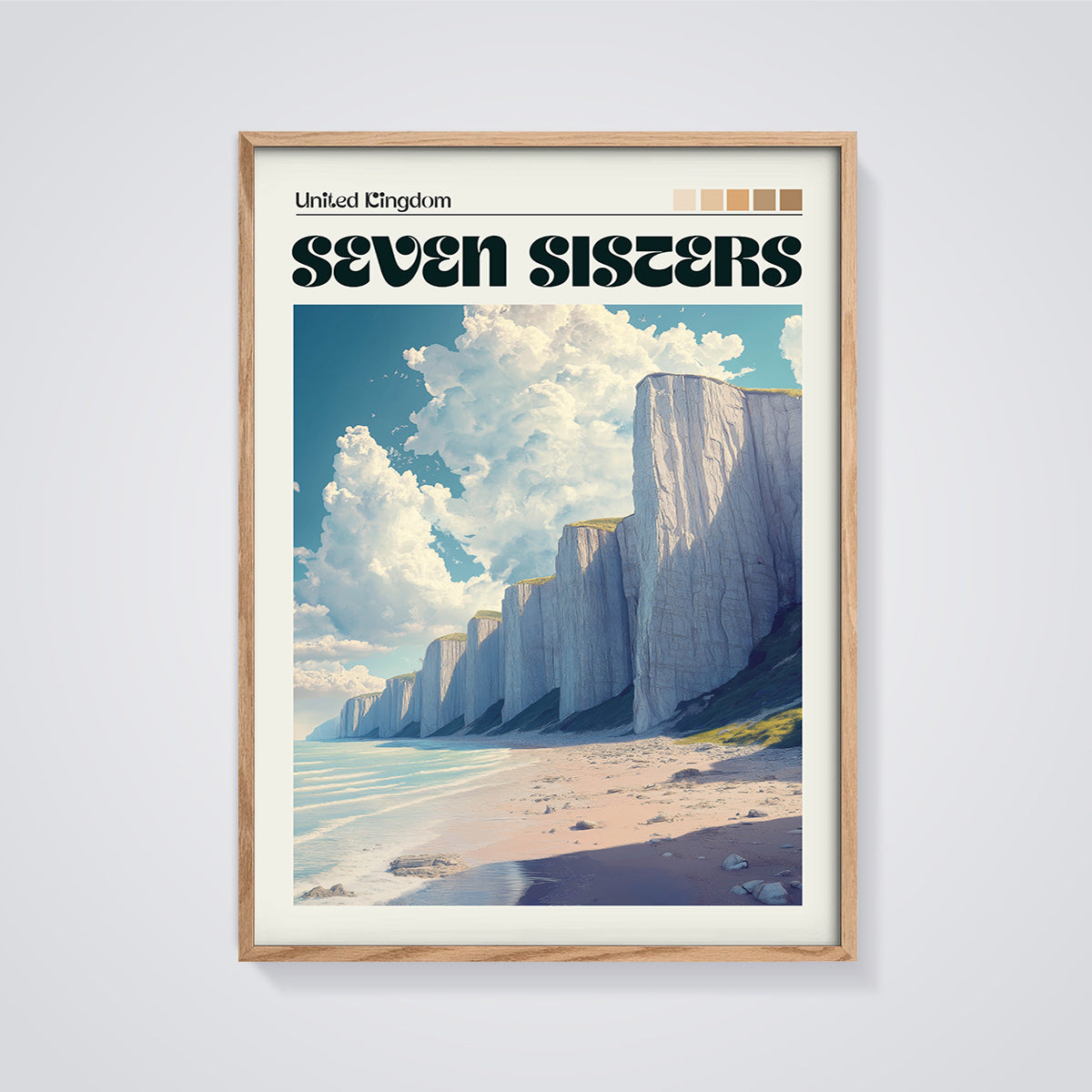 Seven Sisters Cliffs Print framed in oak on a grey background