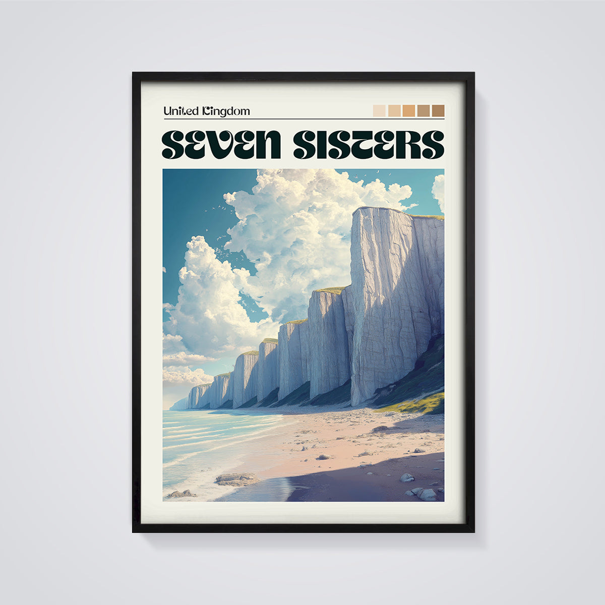 Seven Sisters Cliffs Print framed in black on a grey background