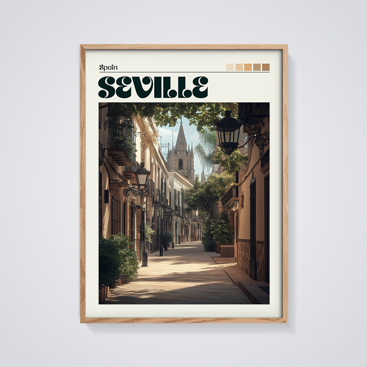 Seville Spain Street Print framed in oak on a grey background