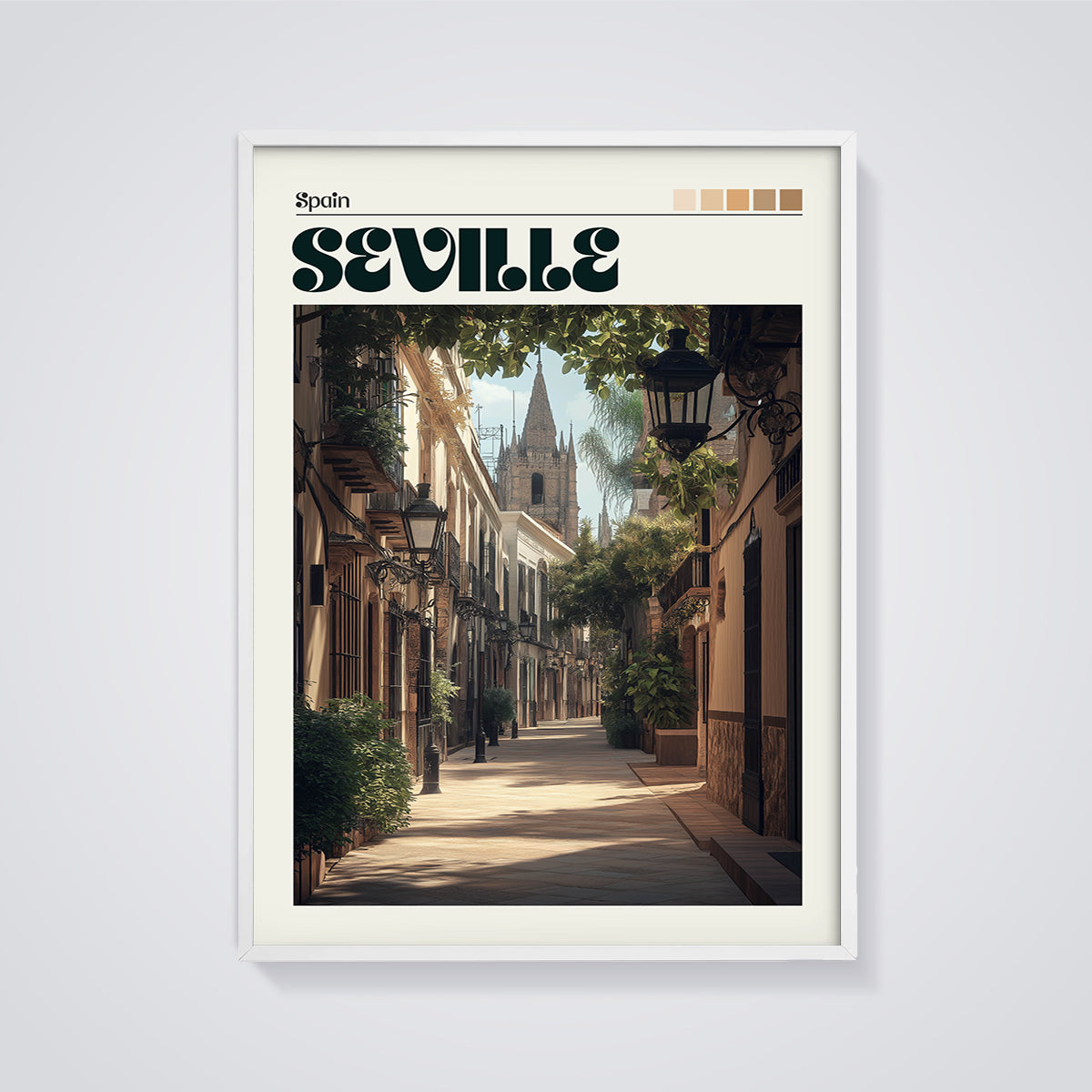 Seville Spain Street Print framed in white on a grey background