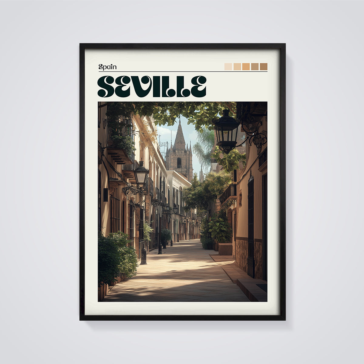 Seville Spain Street Print framed in black on a grey background
