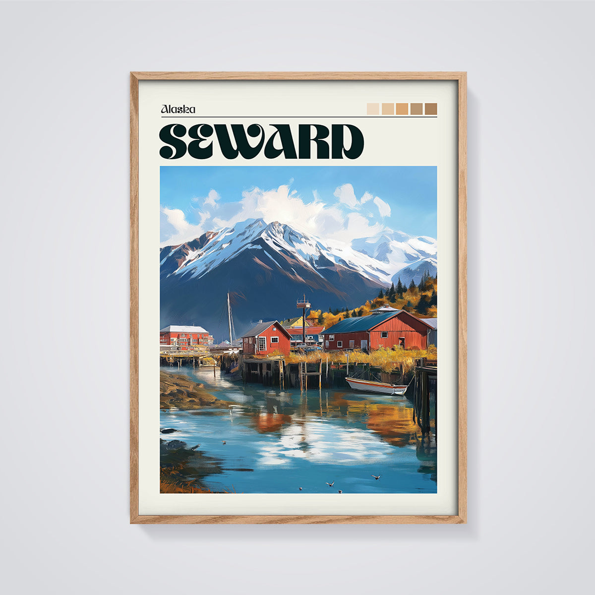 Seward Alaska Coastal Mountains Print framed in oak on a grey background