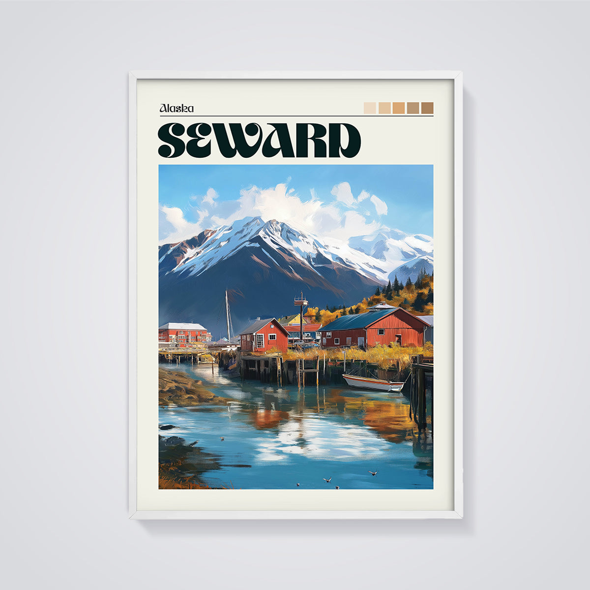 Seward Alaska Coastal Mountains Print framed in white on a grey background