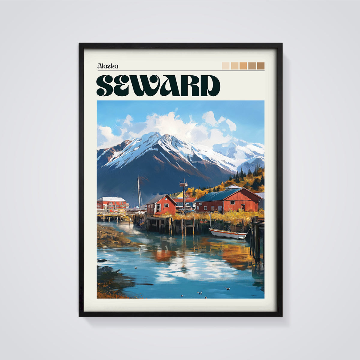 Seward Alaska Coastal Mountains Print framed in black on a grey background