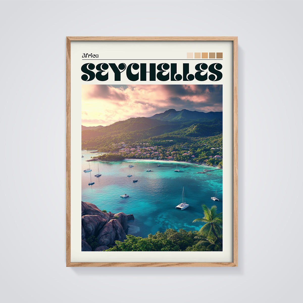 Seychelles Bay Sunset Print framed in oak on a grey background