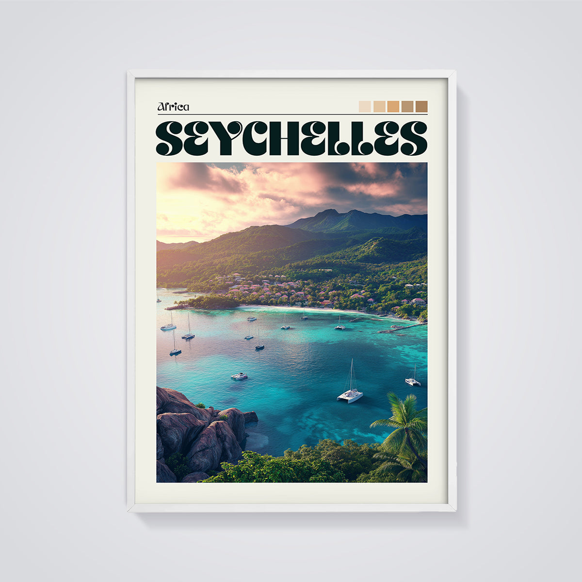 Seychelles Bay Sunset Print framed in white on a grey background