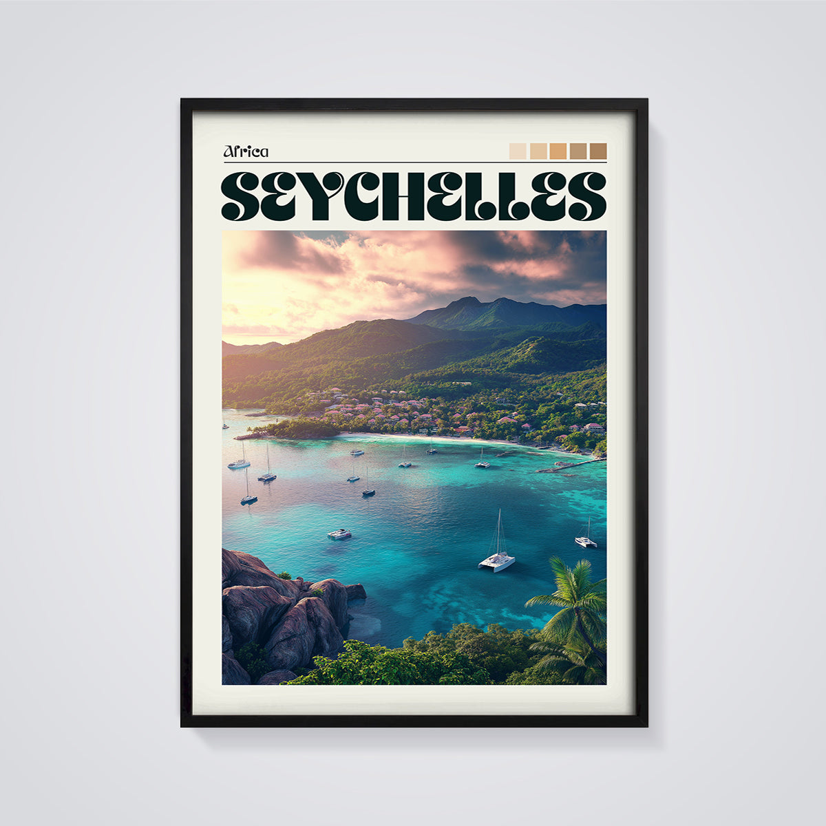 Seychelles Bay Sunset Print framed in black on a grey background