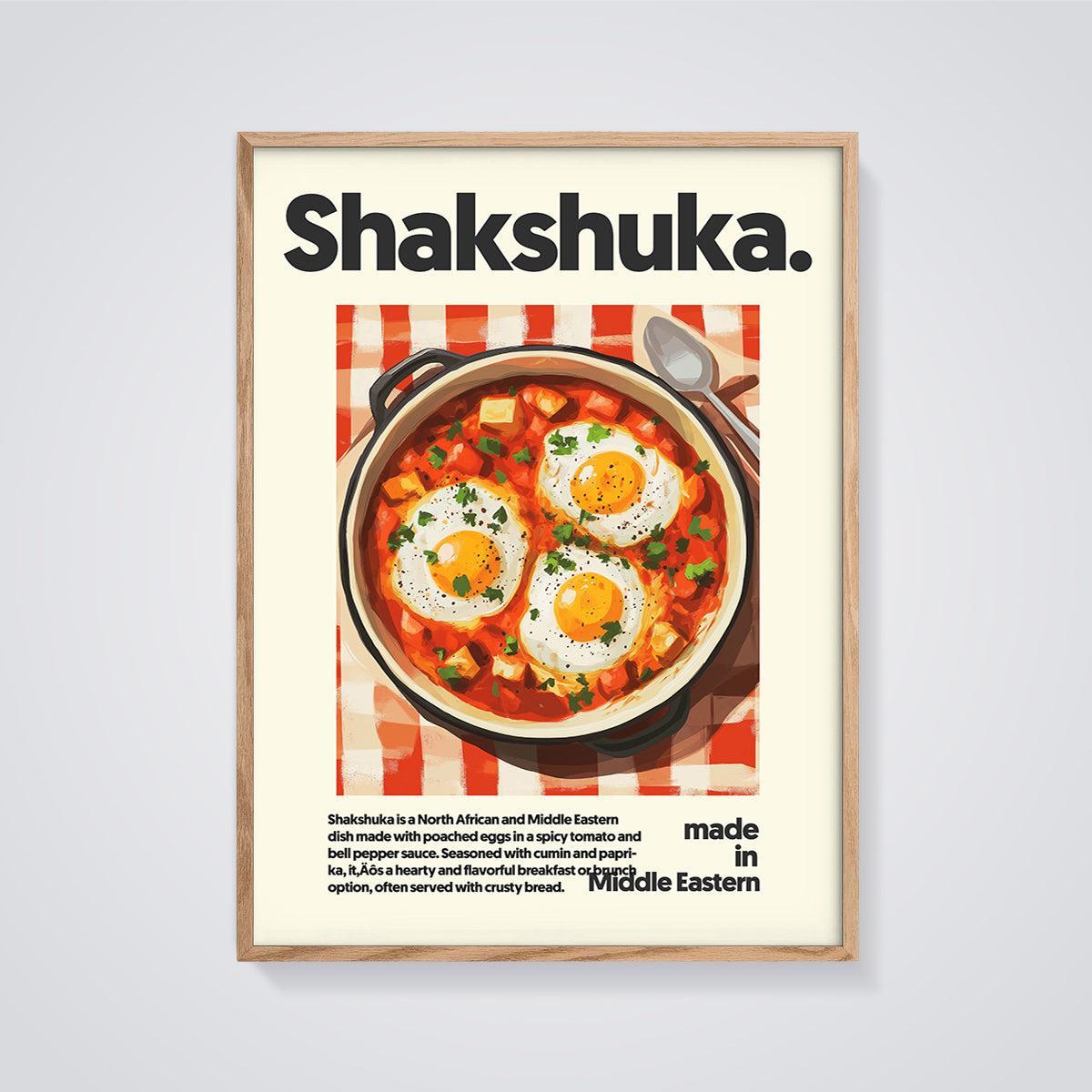 Shakshuka Poached Eggs Print framed in oak on a grey background