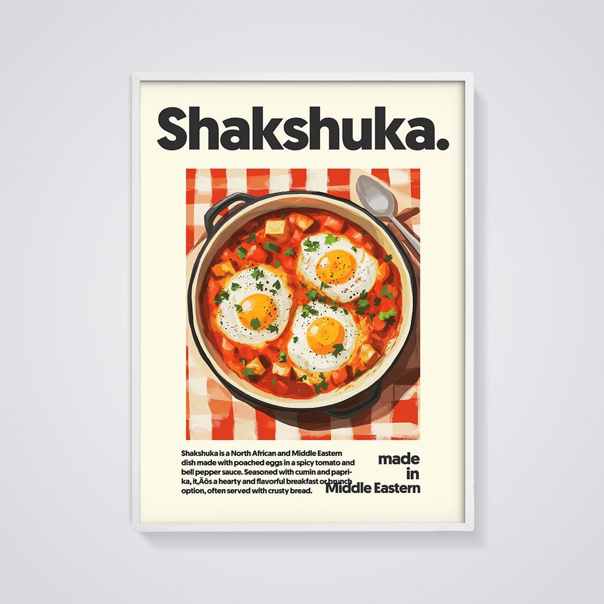 Shakshuka Poached Eggs Print framed in white on a grey background