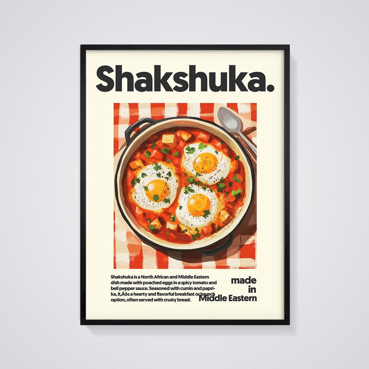 Shakshuka Poached Eggs Print framed in black on a grey background