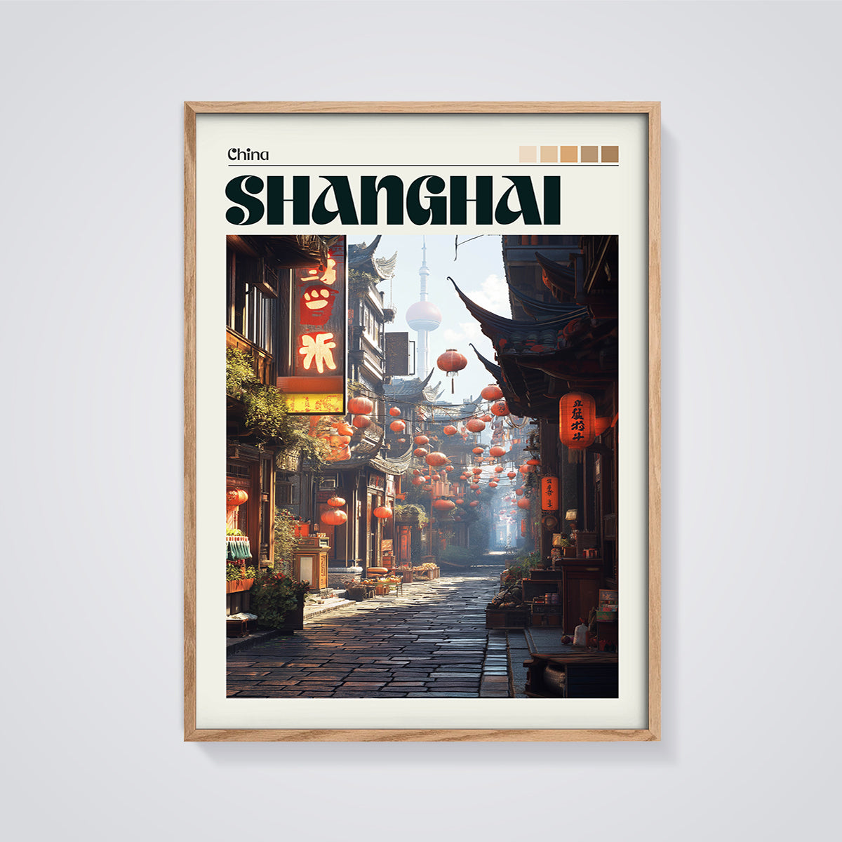 Shanghai Lantern Street Print framed in oak on a grey background