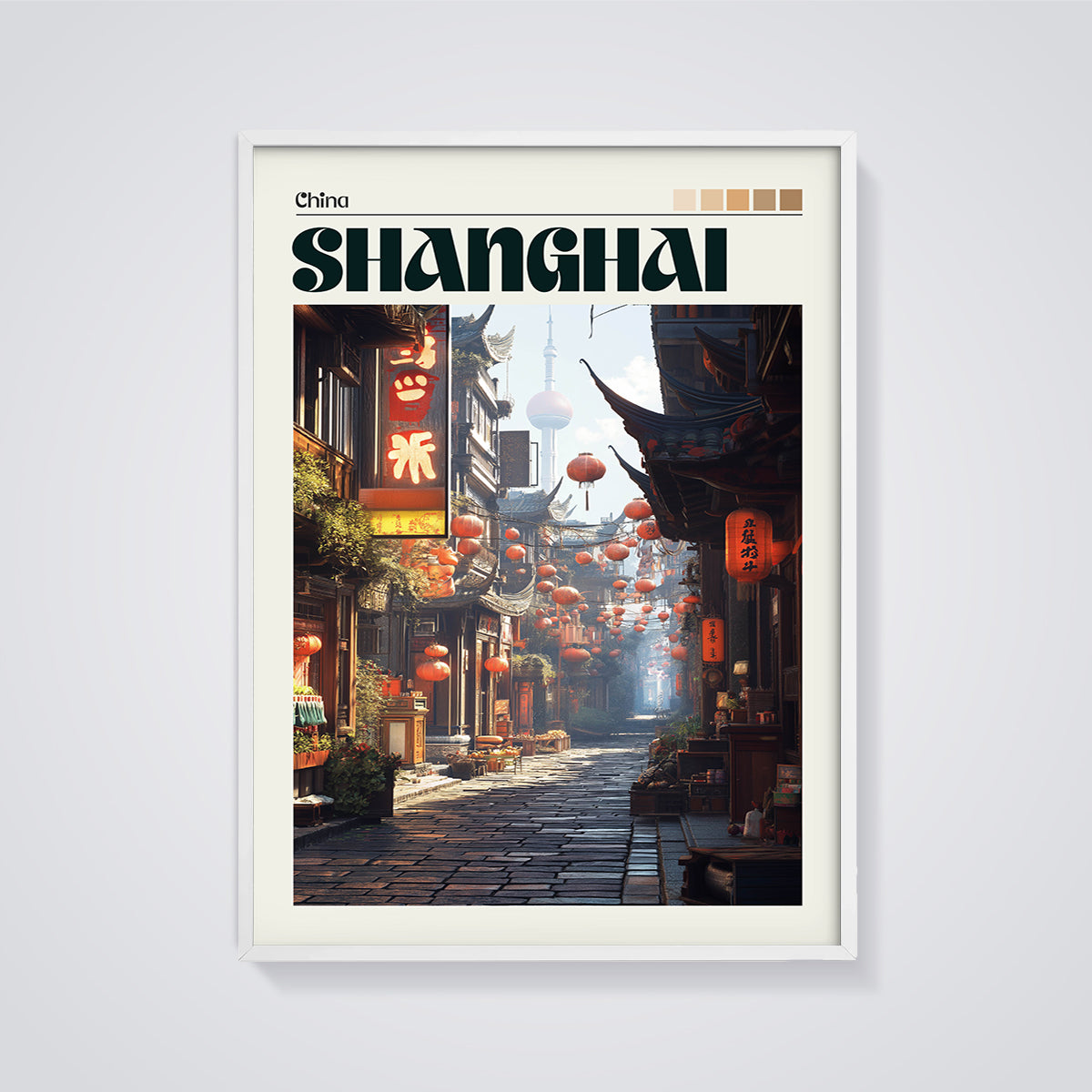 Shanghai Lantern Street Print framed in white on a grey background