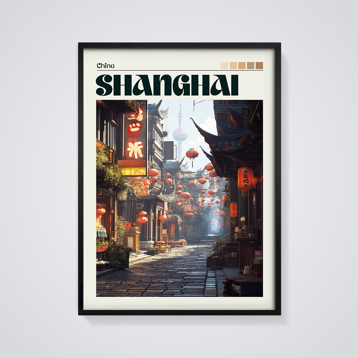 Shanghai Lantern Street Print framed in black on a grey background