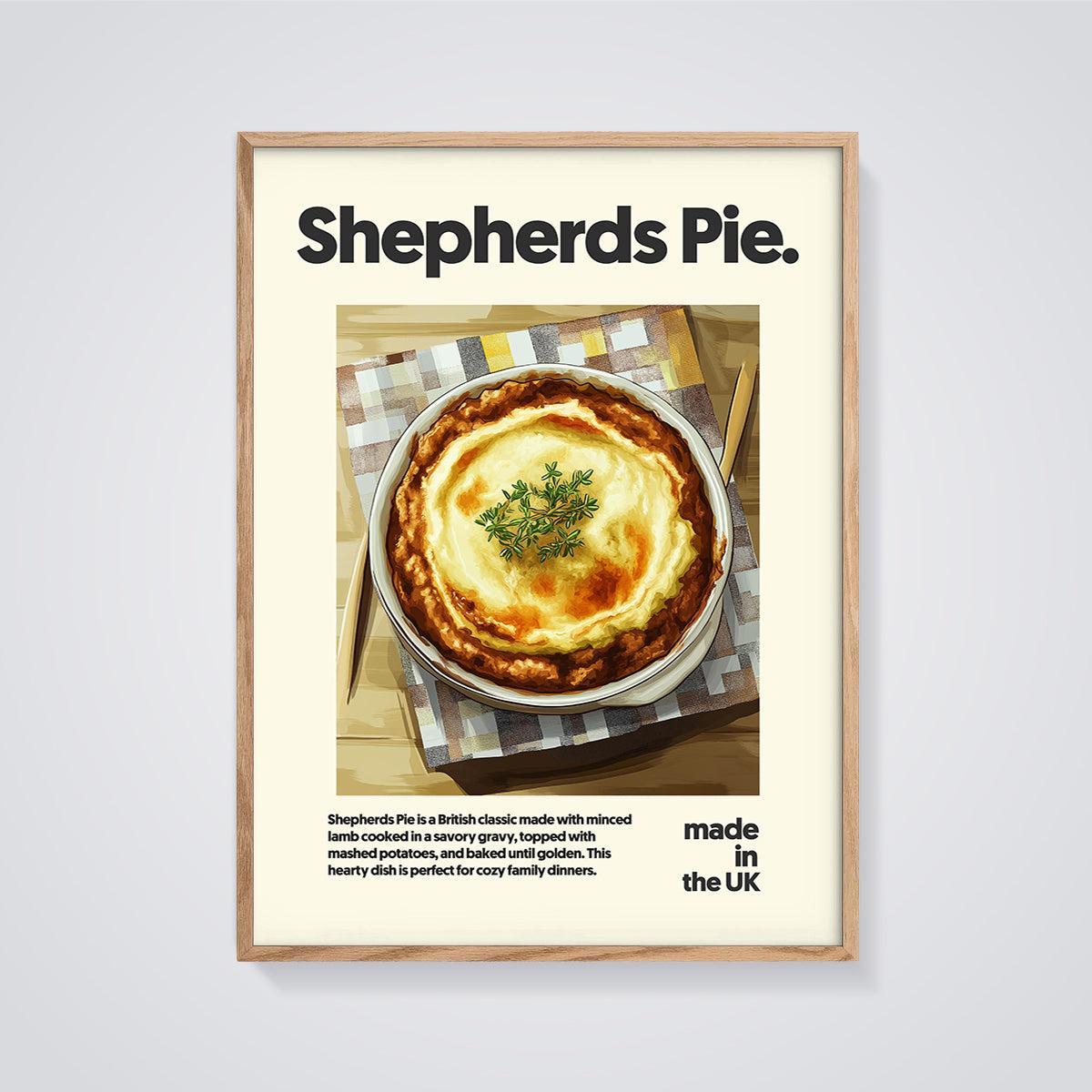 Shepherds Pie Print framed in oak on a grey background