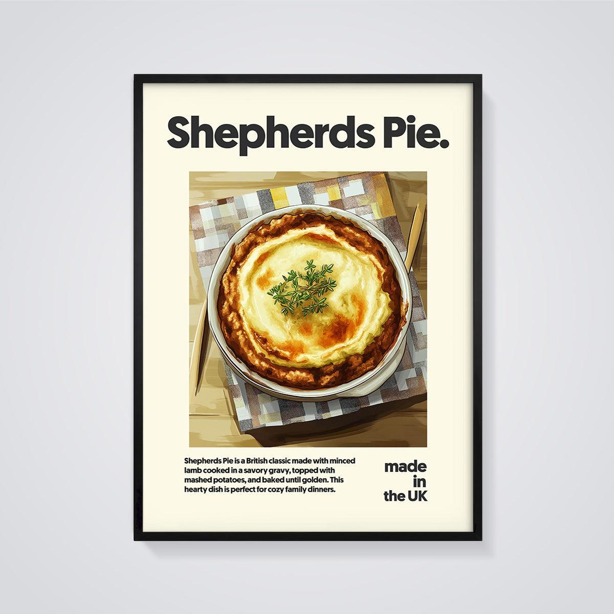 Shepherds Pie Print framed in black on a grey background