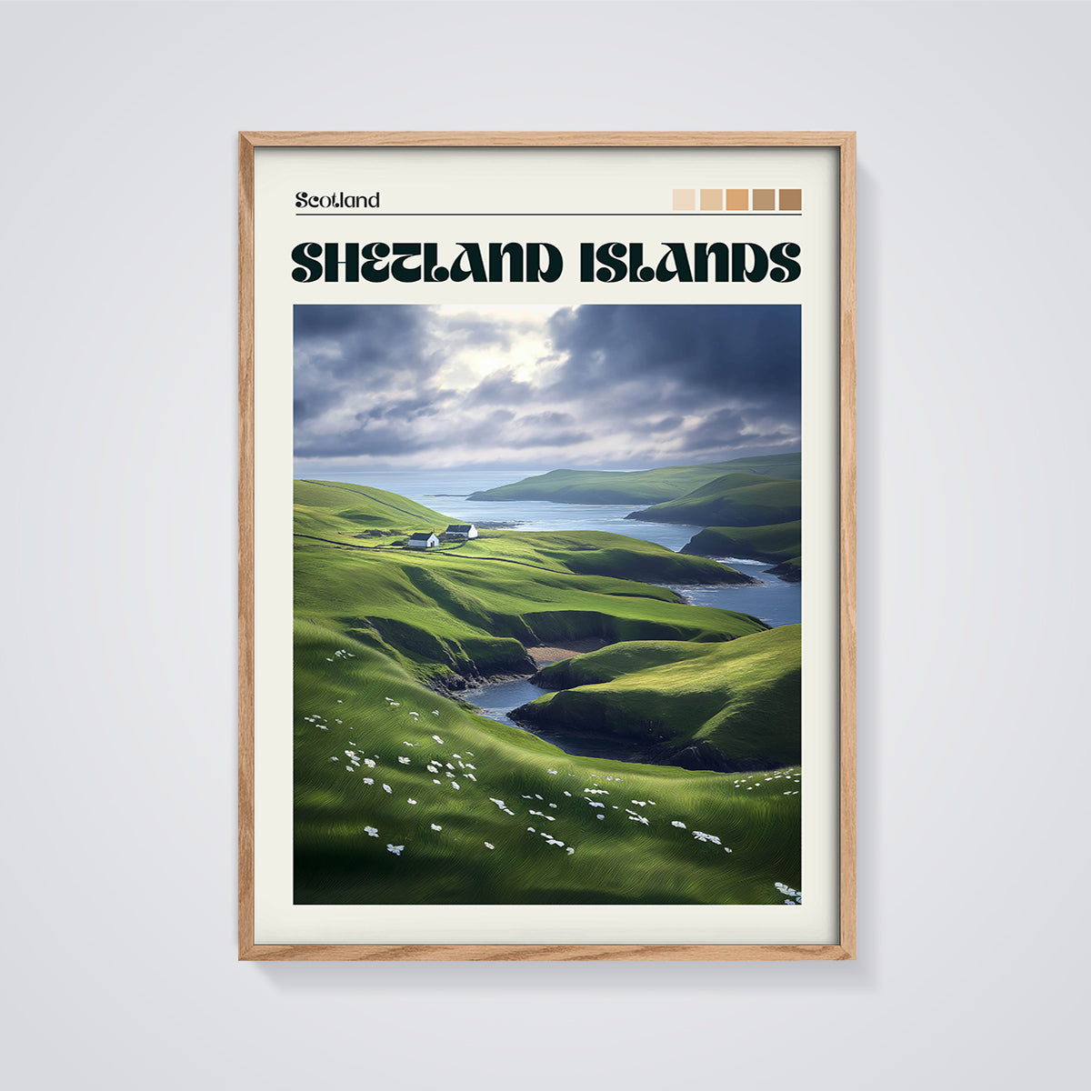 Shetland Islands Green Hills Print framed in oak on a grey background
