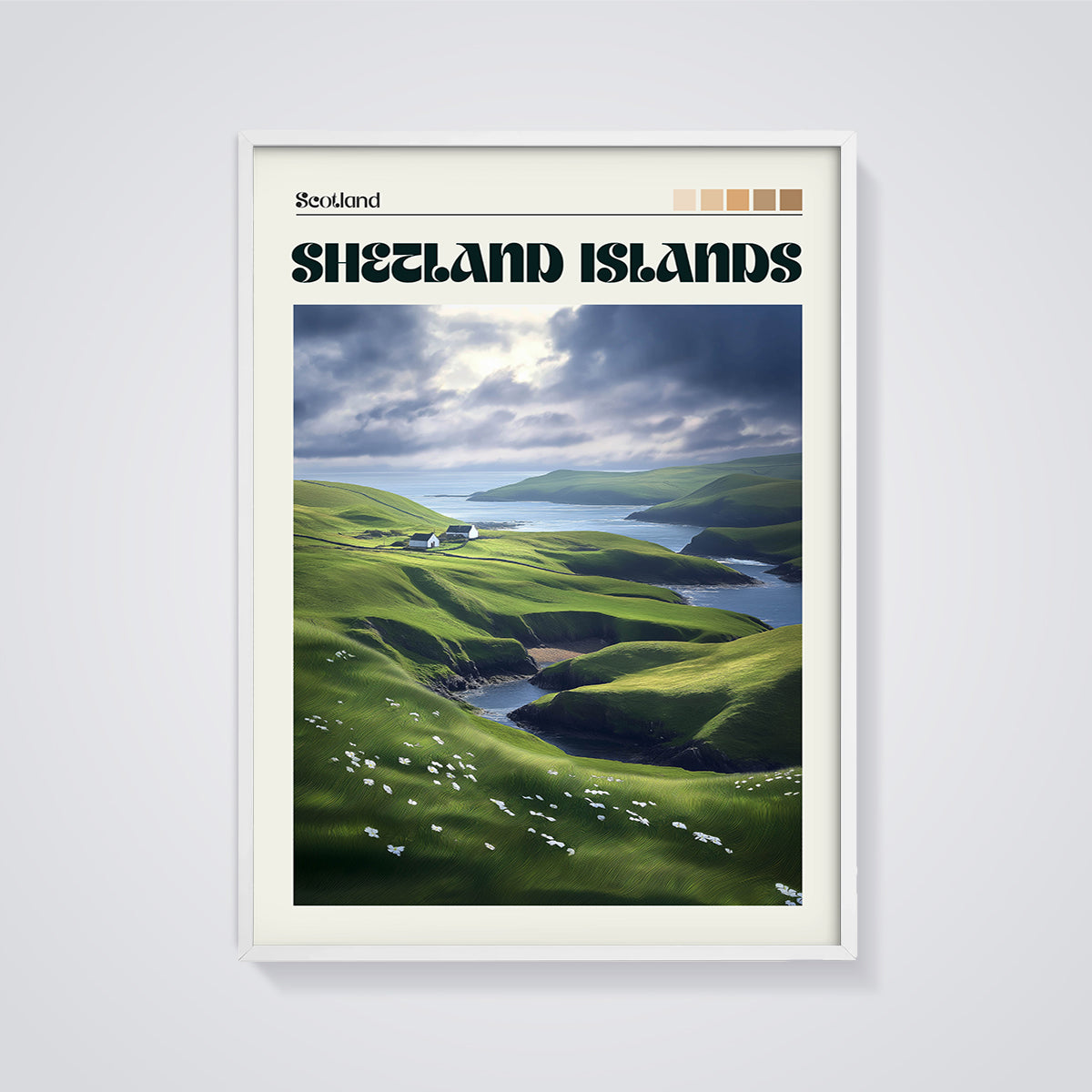Shetland Islands Green Hills Print framed in white on a grey background
