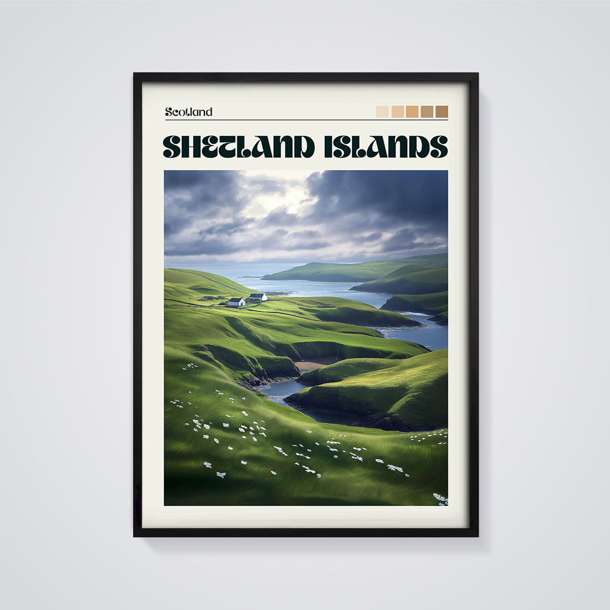 Shetland Islands Green Hills Print framed in black on a grey background