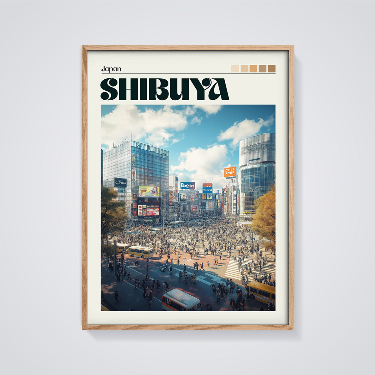 Shibuya Japan Scramble Print framed in oak on a grey background